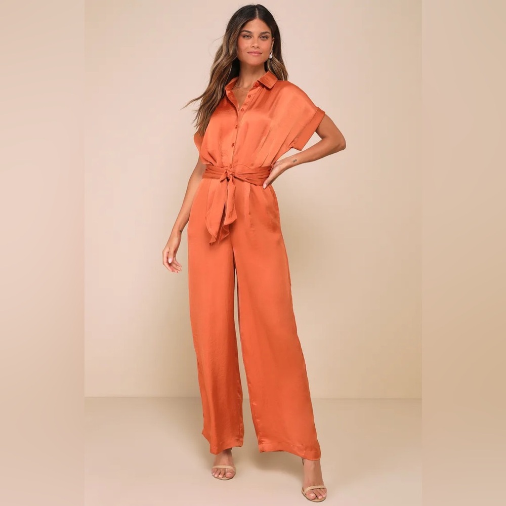 Steve Madden Tori Rust Orange Satin Short Sleeve Jumpsuit BNWT